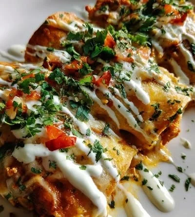 Delicious low-carb white chicken enchiladas topped with creamy sauce