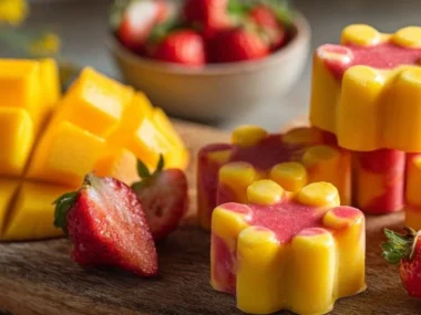 Mango and Strawberry Frozen Dog Treats in a bowl for pets