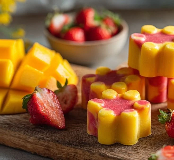 Mango and Strawberry Frozen Dog Treats in a bowl for pets