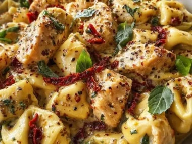 A plate of Marry Me Chicken Tortellini garnished with fresh herbs.