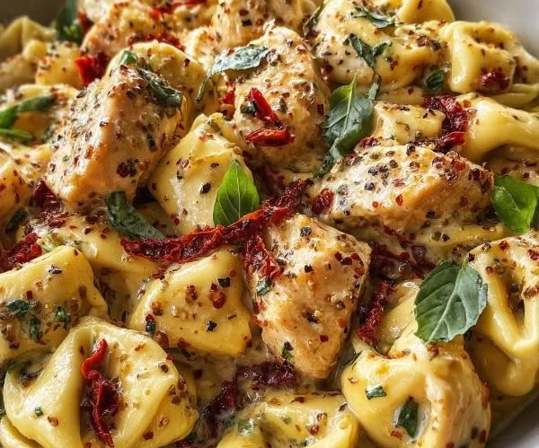 A plate of Marry Me Chicken Tortellini garnished with fresh herbs.