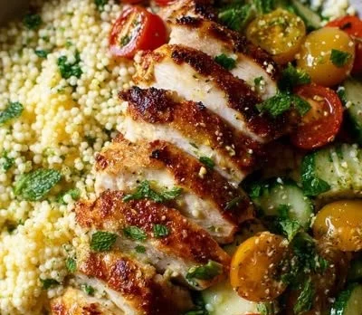 Mediterranean lemon chicken bowls with fresh vegetables and herbs