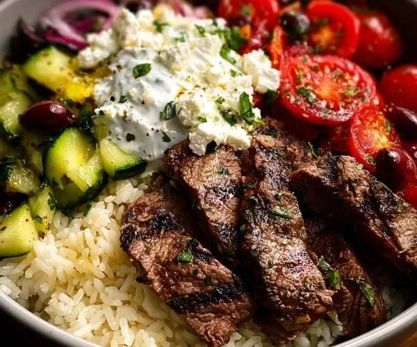 Delicious Mediterranean steak bowls with vibrant vegetables and sauces.