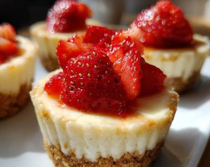 Delicious mini cheesecakes topped with fruit and whipped cream