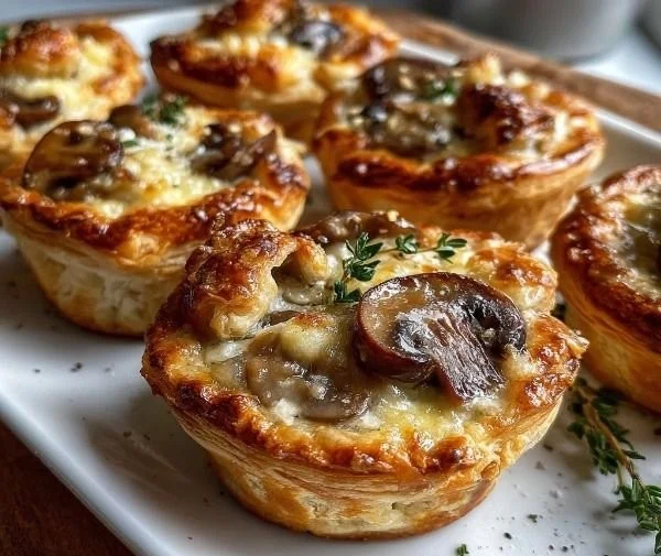Mini Mushroom & Gruyère Pot Pies baked golden and topped with flaky crust