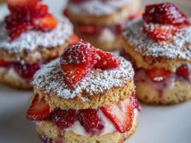 Mini strawberry cakes with fresh strawberries and cream frosting