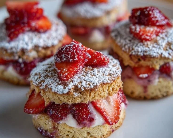 Mini strawberry cakes with fresh strawberries and cream frosting