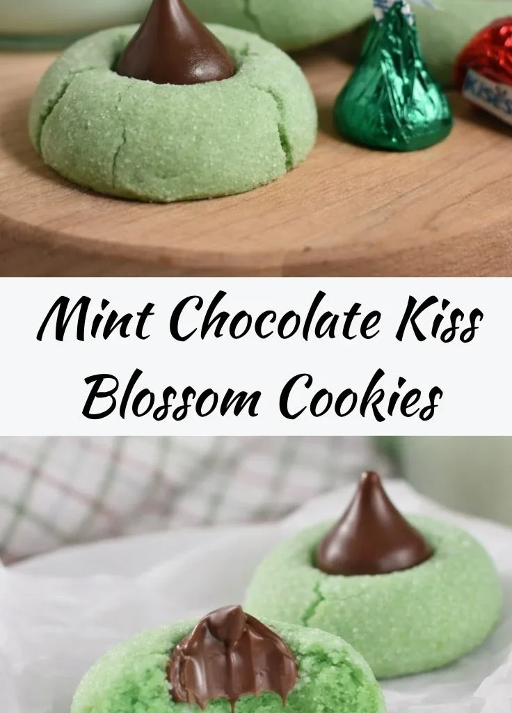 Delicious Mint Chocolate Kiss Cookies with chocolate blossoms on top.