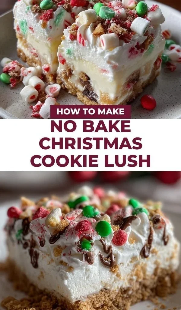 No Bake Christmas Cookie Lush dessert with layers of cookies and cream.