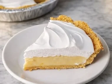 No Bake Lemon Meringue Pie with a golden meringue topping and lemon filling.