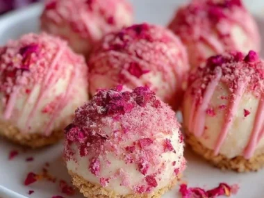 No-Bake Pink Velvet Cheesecake Bites on a platter