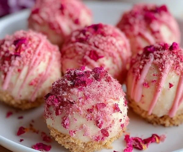 No-Bake Pink Velvet Cheesecake Bites on a platter