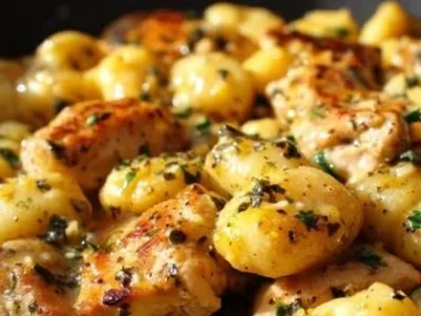 One-Pan Lemon Chicken Gnocchi served in a skillet with fresh herbs and lemon slices
