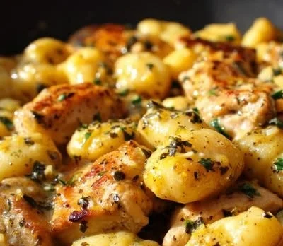 One-Pan Lemon Chicken Gnocchi served in a skillet with fresh herbs and lemon slices