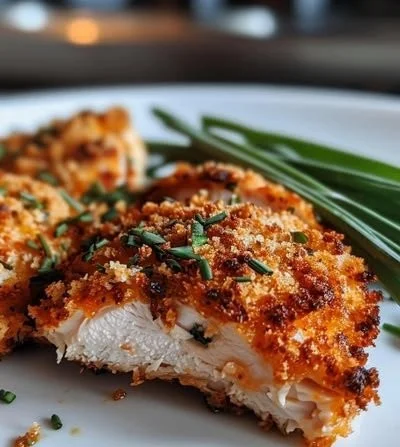 Parmesan crusted chicken served with herbs on a white plate