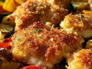 Delicious Parmesan Crusted Chicken served with vegetables on a sheet pan.