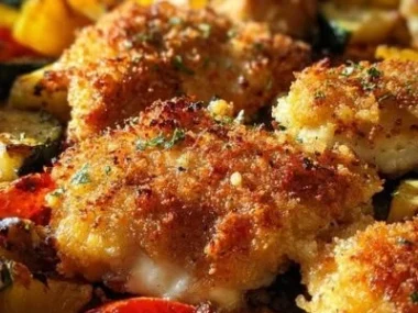 Delicious Parmesan Crusted Chicken served with vegetables on a sheet pan.