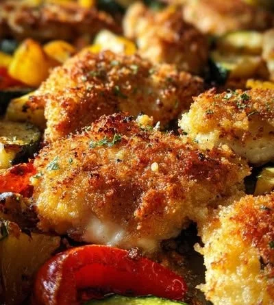 Delicious Parmesan Crusted Chicken served with vegetables on a sheet pan.