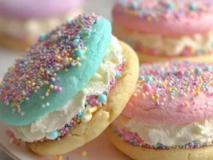 Pastel sugar cookie sandwiches filled with colorful frosting and sprinkles