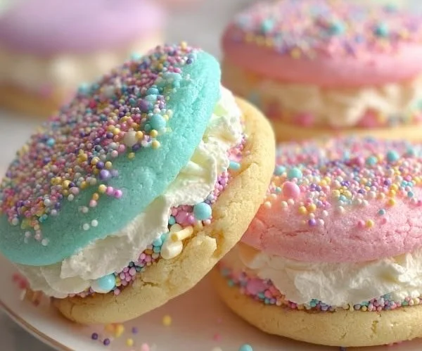 Pastel sugar cookie sandwiches filled with colorful frosting and sprinkles