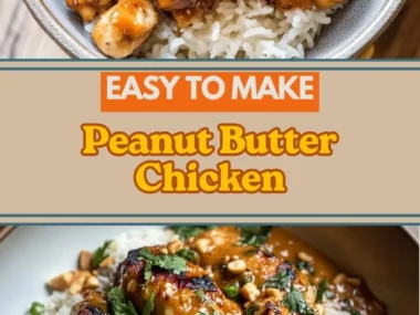Plate of creamy peanut butter chicken with garnishes