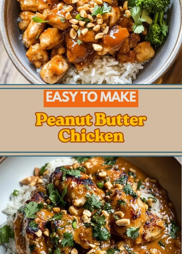 Plate of creamy peanut butter chicken with garnishes