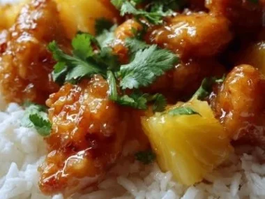 Delicious pineapple chicken served with rice, perfect for a delightful dinner.