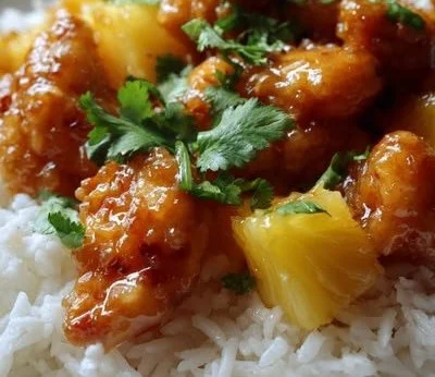 Delicious pineapple chicken served with rice, perfect for a delightful dinner.