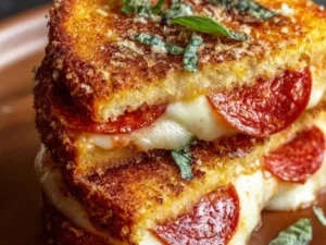 Close-up of a Pizza Grilled Cheese Sandwich with melted cheese and pizza toppings