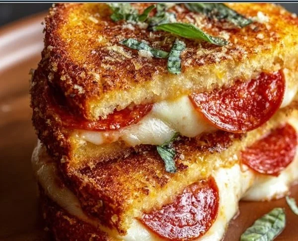 Close-up of a Pizza Grilled Cheese Sandwich with melted cheese and pizza toppings