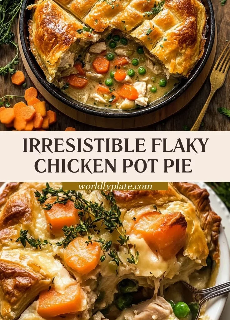 Puff pastry chicken pot pie, golden and flaky, filled with chicken and vegetables.