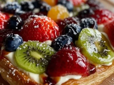 Puff pastry fruit pizza topped with colorful fresh fruits and cream.