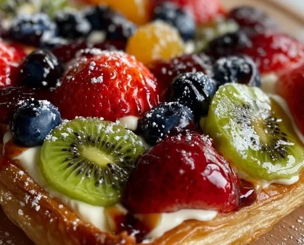Puff pastry fruit pizza topped with colorful fresh fruits and cream.