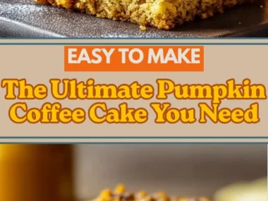 Delicious homemade Pumpkin Coffee Cake served with a coffee cup.