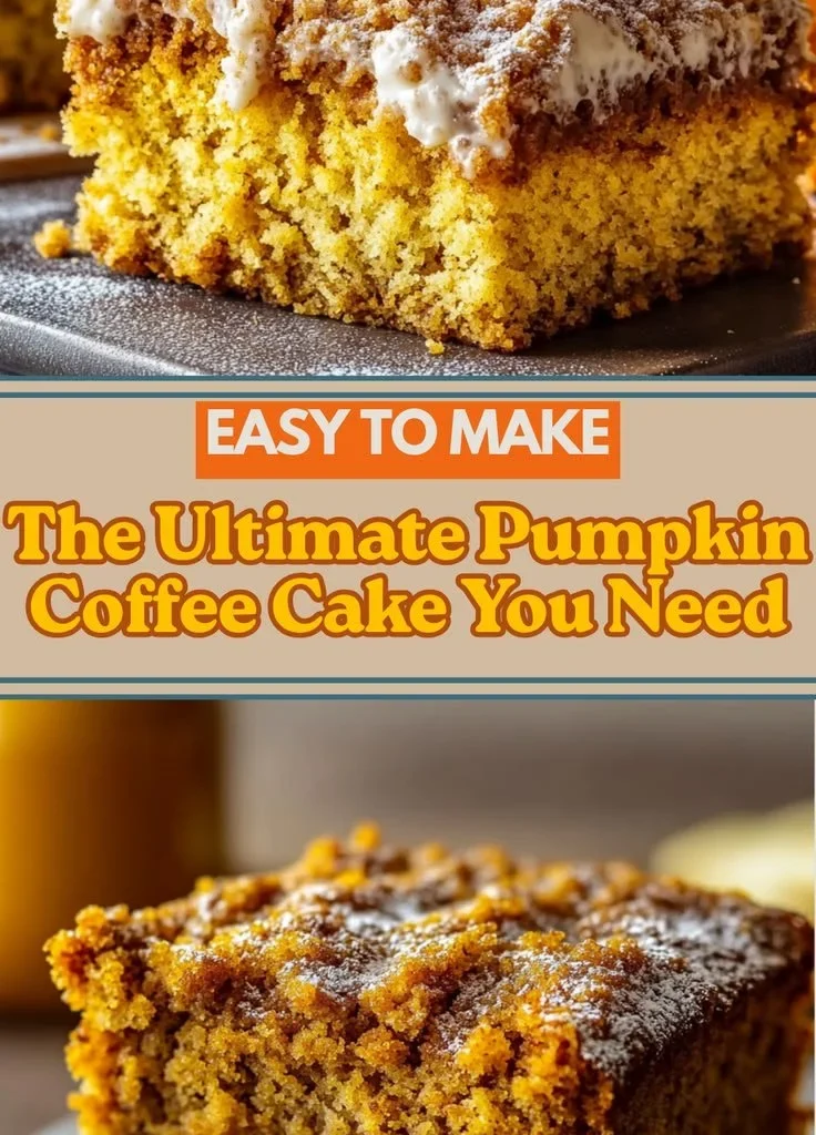 Delicious homemade Pumpkin Coffee Cake served with a coffee cup.