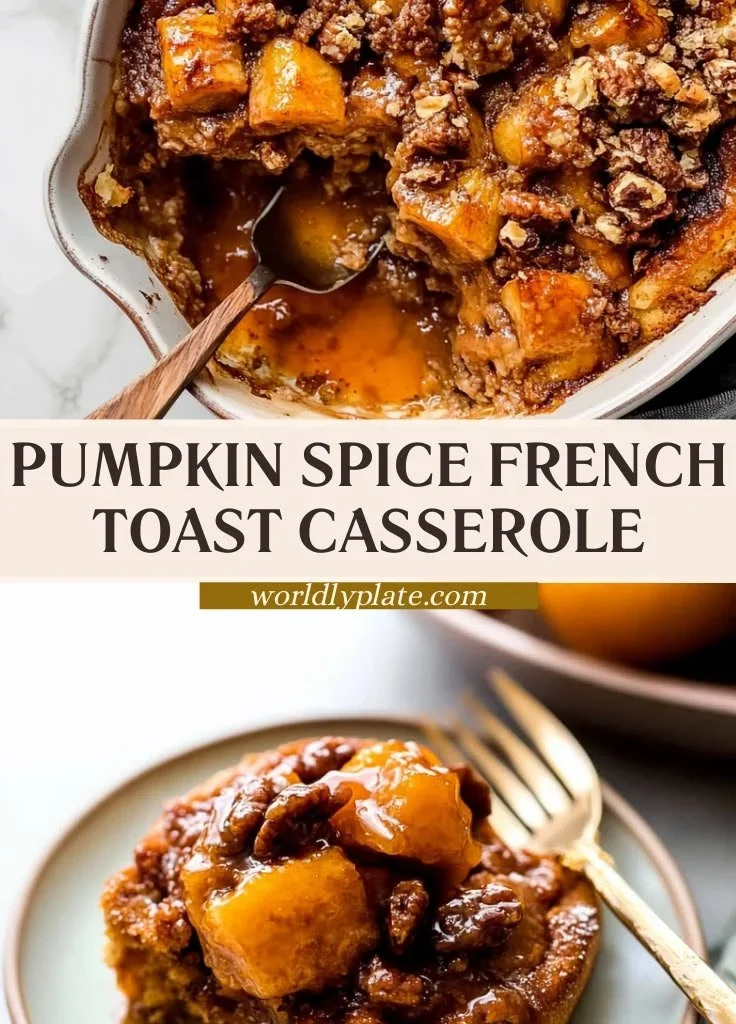 Delicious Pumpkin Spice French Toast Casserole topped with syrup and whipped cream.