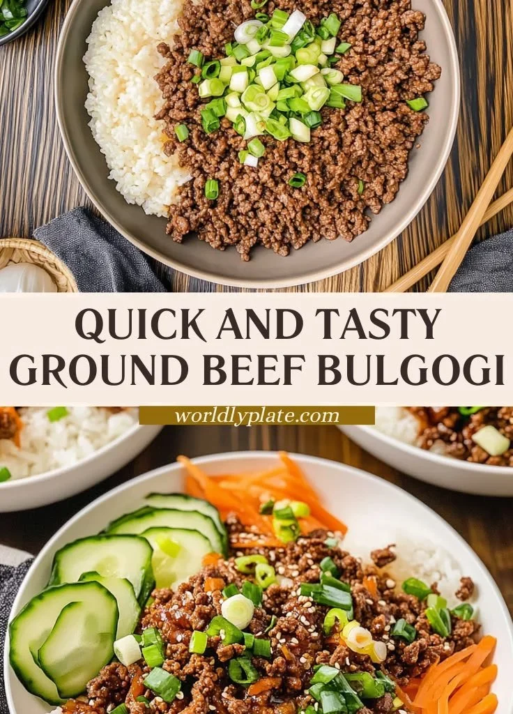 Dish of quick and easy ground beef bulgogi served with rice and vegetables