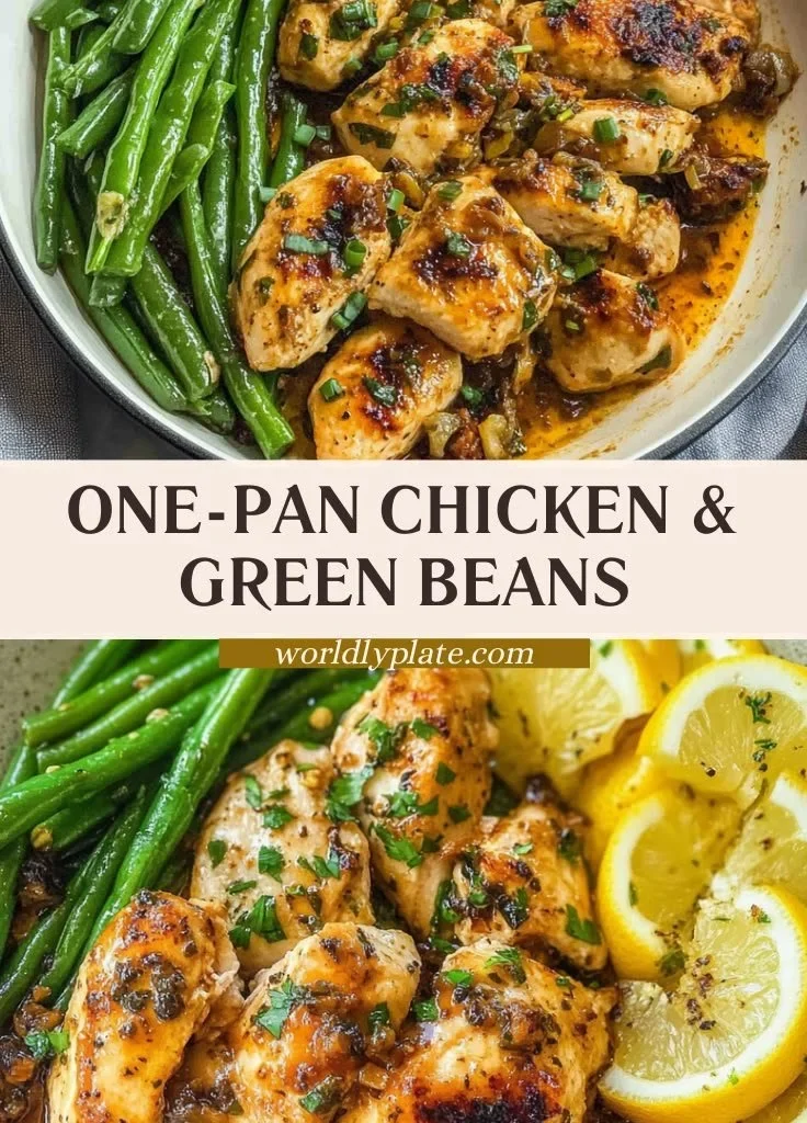 One-pan lemon garlic chicken with green beans served in a skillet
