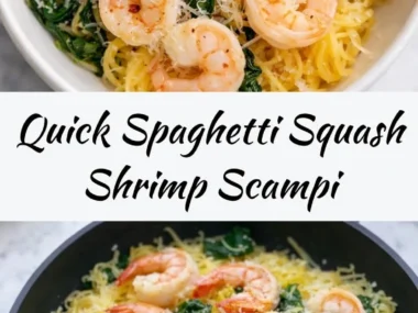 Delicious quick spaghetti squash shrimp scampi dish served in a bowl