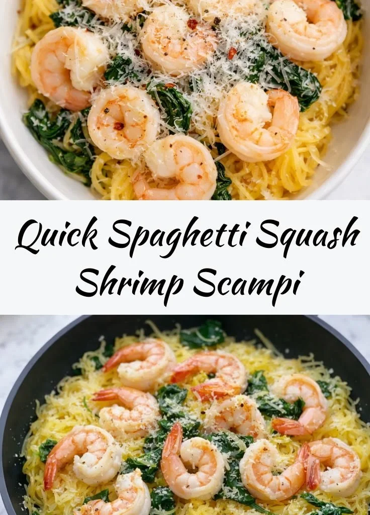 Delicious quick spaghetti squash shrimp scampi dish served in a bowl