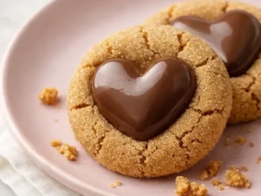 Freshly baked Valentine's Day Peanut Blossom Cookies with chocolate kisses