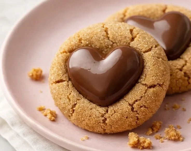Freshly baked Valentine's Day Peanut Blossom Cookies with chocolate kisses