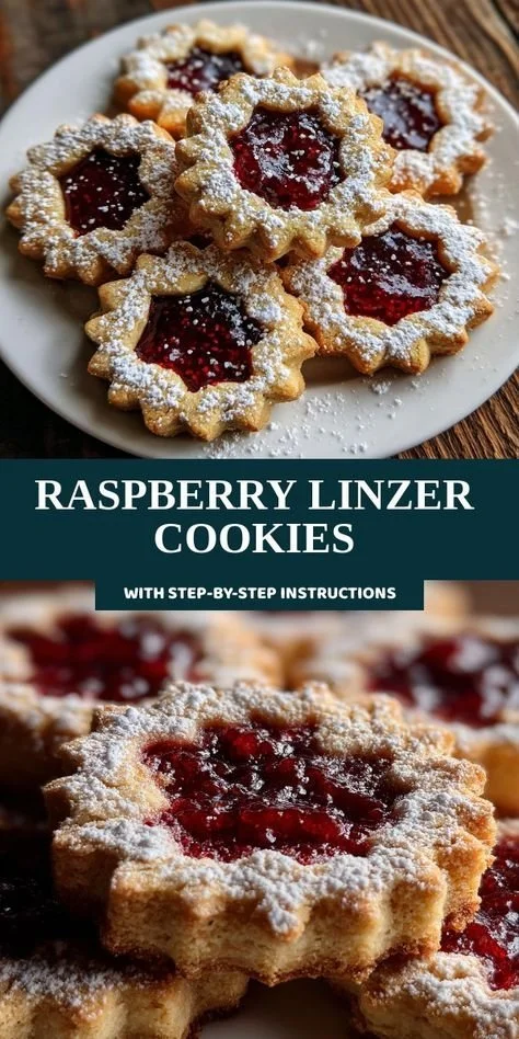 Freshly baked Raspberry Linzer Cookies with jam filling and powdered sugar.