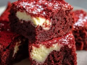 Delicious homemade Red Velvet Brownies with cream cheese frosting on a white plate