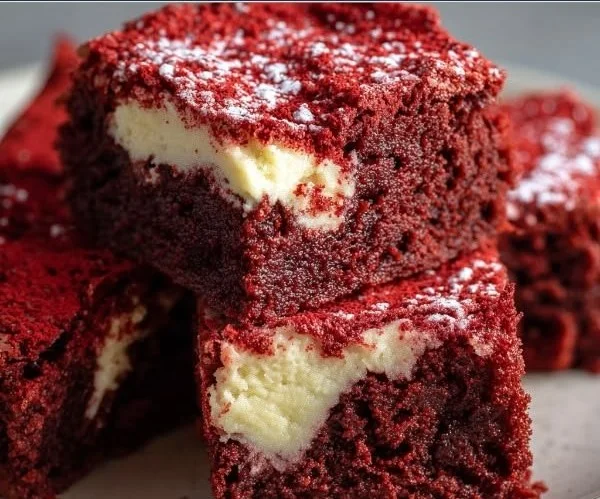 Delicious homemade Red Velvet Brownies with cream cheese frosting on a white plate