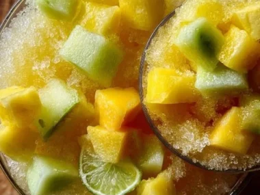 Refreshing icy tropical slushi with vibrant colors and fresh fruits
