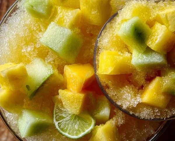 Refreshing icy tropical slushi with vibrant colors and fresh fruits