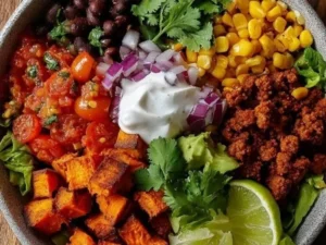 Roasted sweet potato and black bean bowl garnished with fresh herbs
