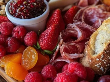 Romantic charcuterie board with cheeses, meats, fruits, and elegant presentation.