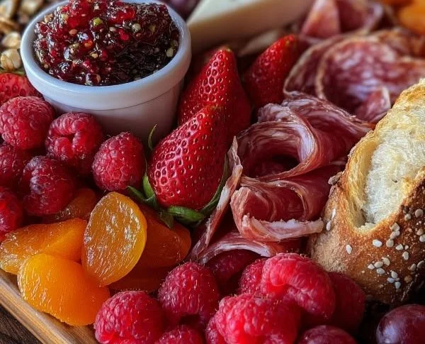 Romantic charcuterie board with cheeses, meats, fruits, and elegant presentation.